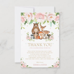 Chic Woodland Animals Roze Bloemen Baby shower Bedankkaart