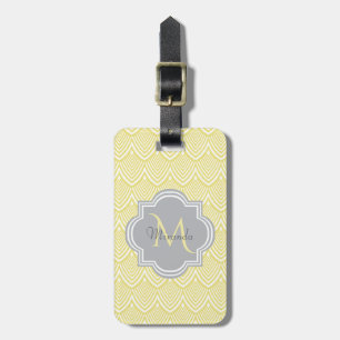 Chic Yellow Art Deco Scallops Grey Monogram Name Bagagelabel