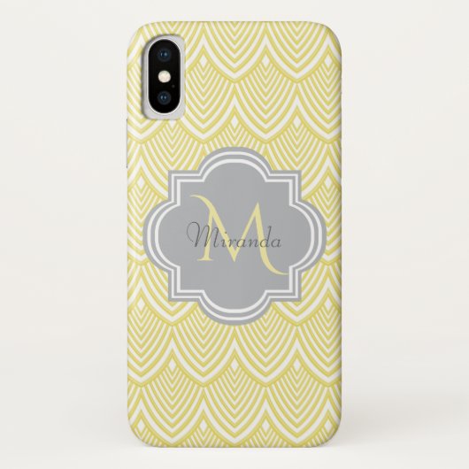 Chic Yellow Art Deco Scallops Grey Monogram Name Case-Mate iPhone Case (Achterkant)