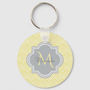 Chic Yellow Art Deco Scallops Grey Monogram Name Sleutelhanger