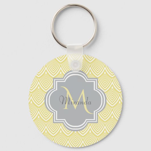 Chic Yellow Art Deco Scallops Grey Monogram Name Sleutelhanger (Voorkant)