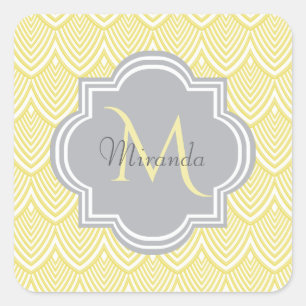 Chic Yellow Art Deco Scallops Grey Monogram Name Vierkante Sticker