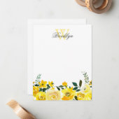 Chic Yellow Botanical Floral Monogrammed Note Notitiekaartje (Voorkant / Achterkant in situ)