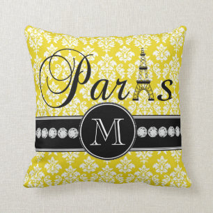 Chic Yellow Damask Paris Monogrammed Kussen