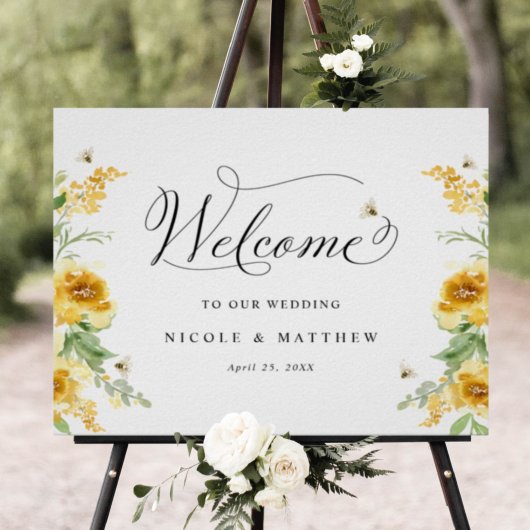 Chic Yellow Floral met bijen, bruiloft welkomstbor Poster