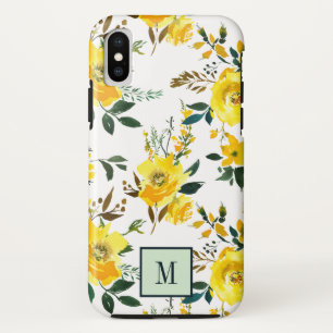 Chic Yellow Flowers en bladmonogram iPhone XS Hoesje