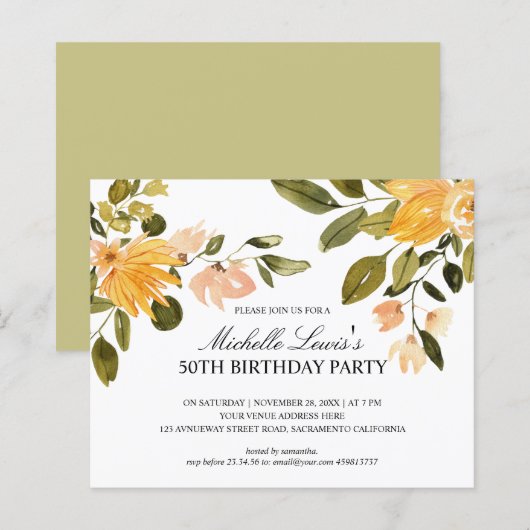 Chic Yellow green floral 50th BIRTHDAY PARTY (Voorkant / Achterkant)