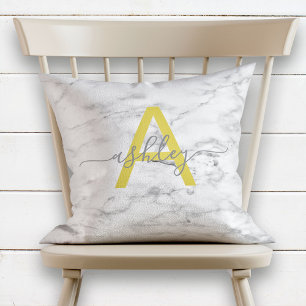 Chic Yellow & Grey Marmer Name Monogram Kussen