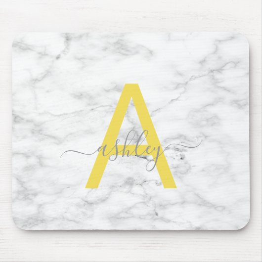 Chic Yellow Grey White Marble Script Name Monogram Muismat (Voorkant)