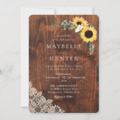 Chic Yellow Sunflower Lace & Woodgrain Wedding Kaart (Voorkant)