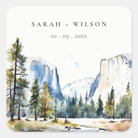 Chic Yosemite National Park CA Waterverf bruiloft Vierkante Sticker (Voorkant)