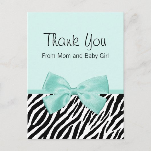 Chic Zebra Fresh Mint Bow Baby shower Bedankt Aankondigingskaart (Voorkant)