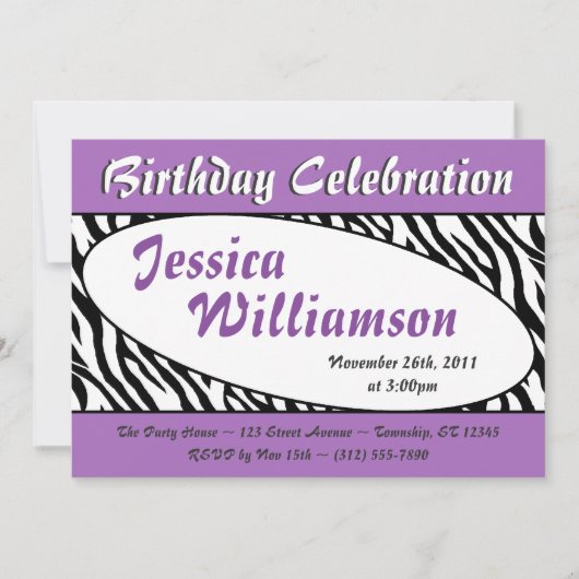 Chic Zebra Imprimer Oval Purple Invitations Annive (Devant)