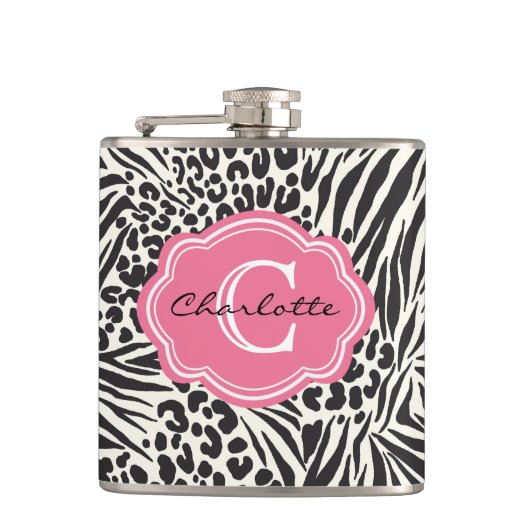 Chic Zebra Leopard et rose flacon de monogramme pe (Devant)