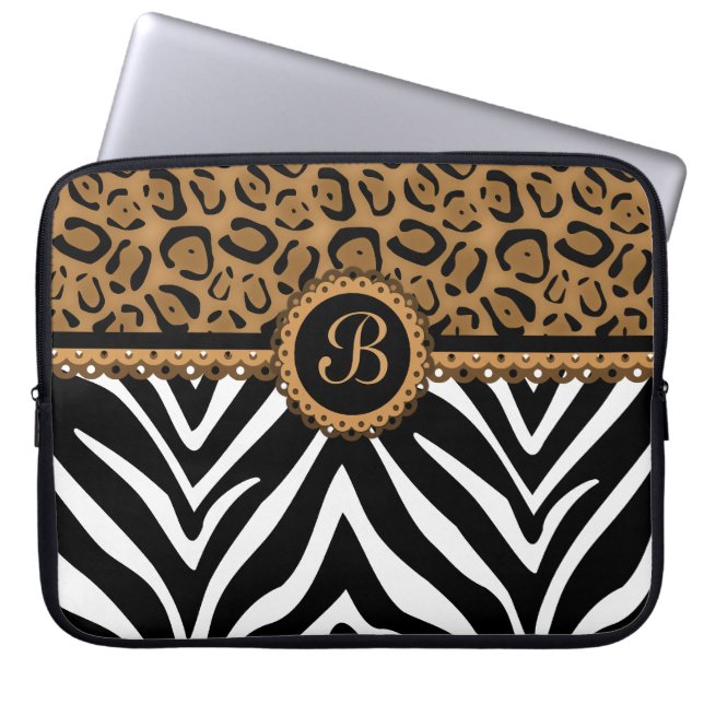 Chic Zebra Leopard Lace Monogram Laptop Sleeve (Voorkant)