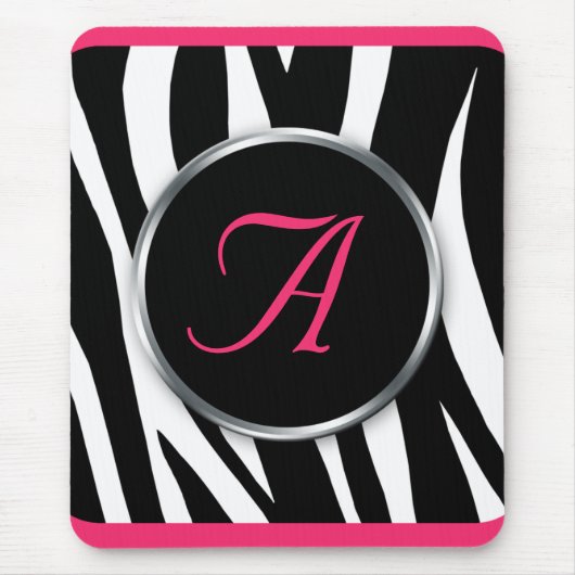Chic Zebra Print Berry Pink Monogram mousepad Muismat (Voorkant)