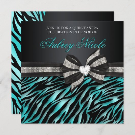 Chic Zebra Quinceañera Invitation Avec Bow Bijoux (Devant / Derrière)