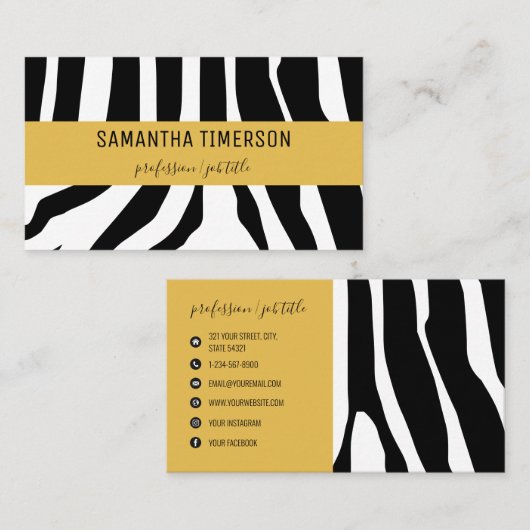 Chic Zebra Stripes & Gold Modern Professional Visitekaartje (Voorkant / Achterkant)