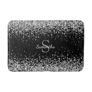 Chic Zilver Glitter Confetti Monogram Zwart Badmat