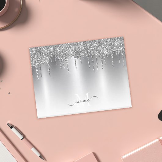Chic Zilver Grijs Druppel Glitter Monogram Naam Post-it® Notes
