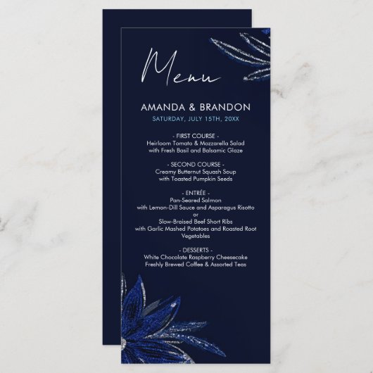 Chic Zilver & Marine Blauwe Bloemen Huwelijk Menu (Voorkant / Achterkant)