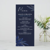 Chic Zilver & Marine Blauwe Bloemen Huwelijk Menu (Staand voorkant)