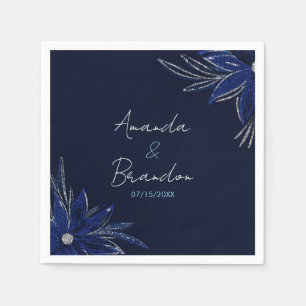 Chic Zilver & Marine Blauwe Bloemen Huwelijk Servet