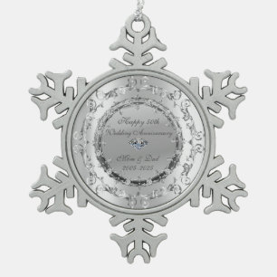 Chic Zilveren Bloemige Krullen Huwelijksverjaardag Tin Sneeuwvlok Ornament