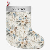 Chic Zilveren Crème Blauw Witte Bloemen Kerstmis Grote Kerstsok (Voorkant)