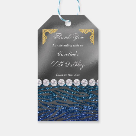 Chic Zilveren Folie Goud & Donkerblauwe Zebra Prin Cadeaulabel (Voorkant)