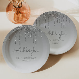 Chic Zilveren Glitter Drip 18e Verjaardagsfeestje Papieren Bordje