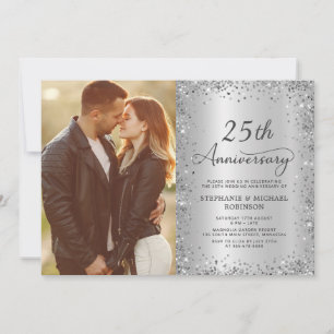 Chic Zilveren Glitter Foto 25e Huwelijksjubileum Kaart