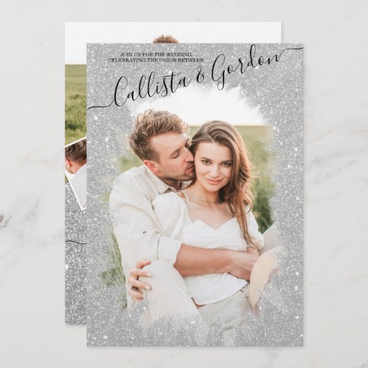 Chic Zilveren Glitter Script Fotocollage Wedding Kaart (Voorkant / Achterkant)