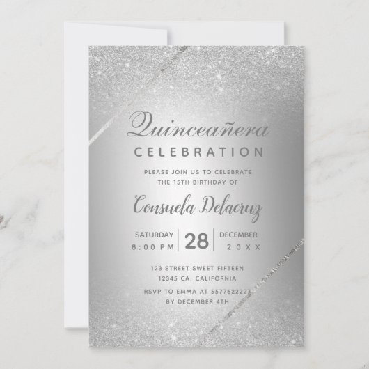 Chic zilveren glitter script metallic Quinceanera Kaart (Voorkant)