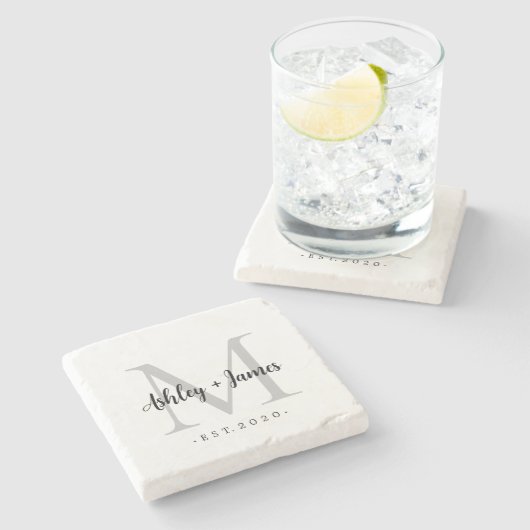 Chic Zilveren Monogram Lettertype Namen Trouwdatum Stenen Onderzetter (Zijkant)