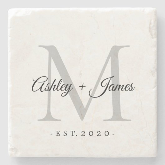 Chic Zilveren Monogram Schrift Namen Huwelijksdatu Stenen Onderzetter (Voorkant)