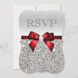 Chic Zilveren Pailletten Diamant Rode Strik Bruilo RSVP Kaartje