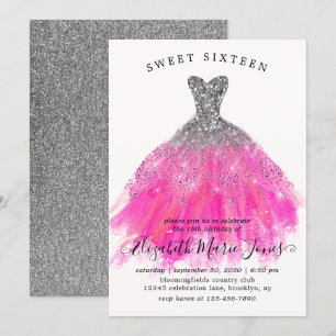 Chic Zilveren Roze Sparkle Dress Sweet 16th Birthd Kaart
