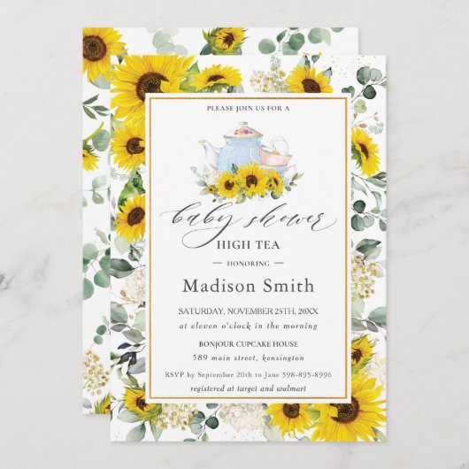 Chic Zonnebloem Bloemen High Tea Party Baby shower Kaart (Voorkant / Achterkant)