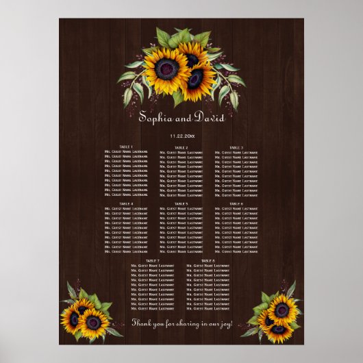 Chic Zonnebloemen Hout Trouwstoel Grafiek Poster (Voorkant)