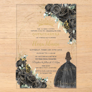 Chic Zwart Bloemrijke Rozen Gouden Quinceanera Swe Acryl Uitnodigingen