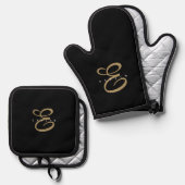 Chic zwart en goud script monogram ovenwant & pannenlap set (Voorkant / Achterkant)