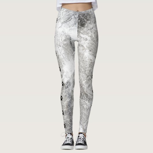 Chic zwart en wit marmeren zijstreep Paw Print Leggings (Voorkant)
