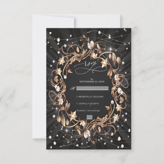 Chic Zwart  Golden Leaves Wedding RSVP Kaartje (Voorkant)