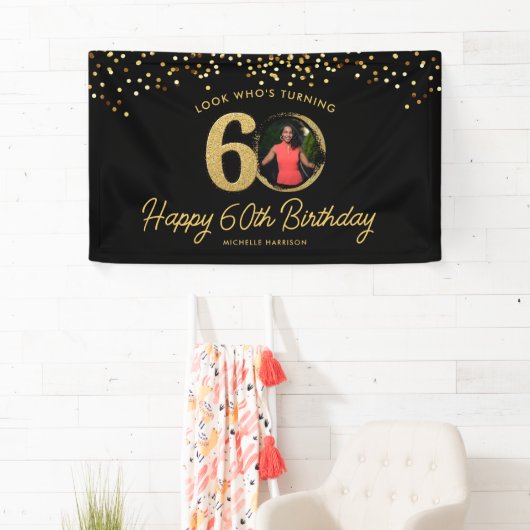 Chic Zwart Goud 60ste Verjaardag Party Custom Phot Spandoek (Insitu)