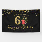 Chic Zwart Goud 60ste Verjaardag Party Custom Phot Spandoek (Horizontaal)