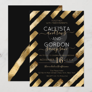 Chic Zwart Goud Brushstroke Stripe Border Wedding Kaart