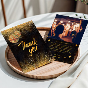 Chic Zwart Goud Glitter Disco Ballen Huwelijksfoto Bedankkaart