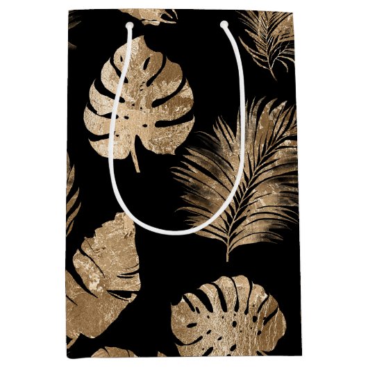 Chic zwart goud tropische bladeren medium cadeauzakje (Voorkant)