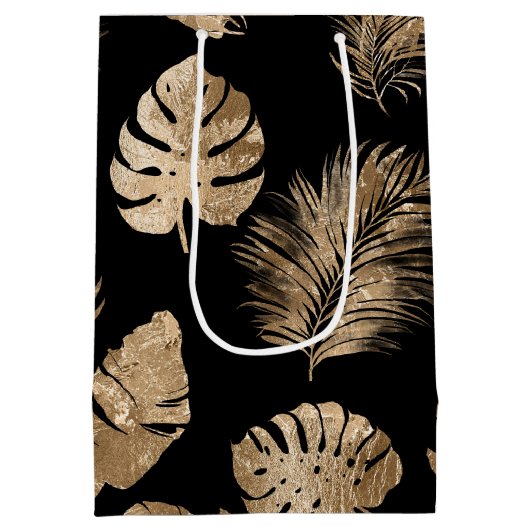Chic zwart goud tropische bladeren medium cadeauzakje (Achterkant)